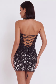 Sparkly Black Tight Strapless Mini Corset Cocktail Dress with Rhinestones