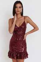 Load image into Gallery viewer, Sparkly Burgundy Sequins Tight Ruffled Mini Cocktail Dress
