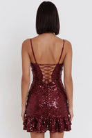Load image into Gallery viewer, Sparkly Burgundy Sequins Tight Ruffled Mini Cocktail Dress