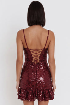 Sparkly Burgundy Sequins Tight Ruffled Mini Cocktail Dress