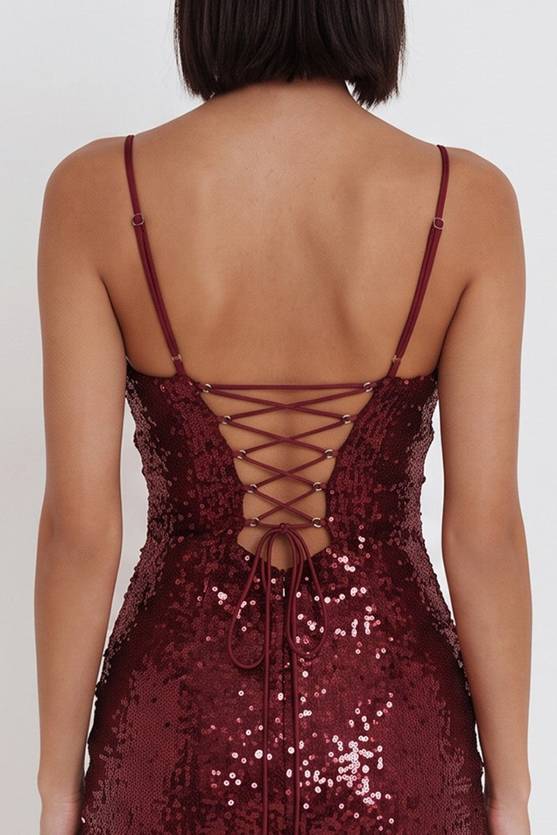 Load image into Gallery viewer, Sparkly Burgundy Sequins Tight Ruffled Mini Cocktail Dress
