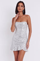 Load image into Gallery viewer, Sparkly Silver Corset Tight Sequins Strapless Ruched Mini Birthday Dress
