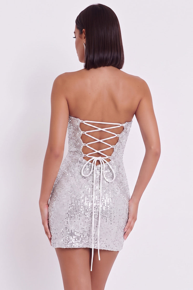 Load image into Gallery viewer, Sparkly Silver Corset Tight Sequins Strapless Ruched Mini Birthday Dress