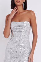 Load image into Gallery viewer, Sparkly Silver Corset Tight Sequins Strapless Ruched Mini Birthday Dress