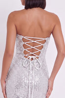 Load image into Gallery viewer, Sparkly Silver Corset Tight Sequins Strapless Ruched Mini Birthday Dress