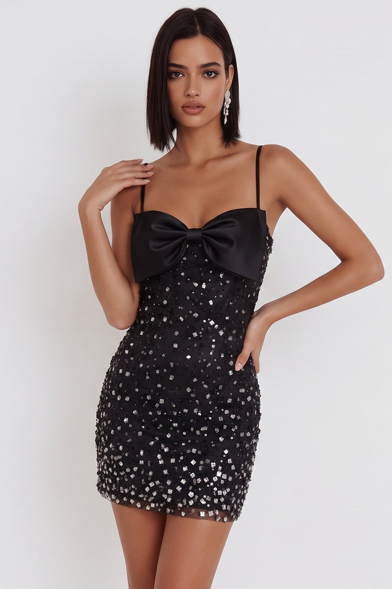 Load image into Gallery viewer, Sparkly Black Bodycon Spaghetti Straps Mini Cocktail Dress with Rhinestones