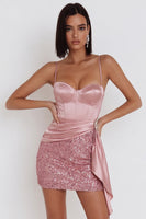 Load image into Gallery viewer, Sparkly Corset Pink Tight Ruched Short Cocktail Dress with Sequins