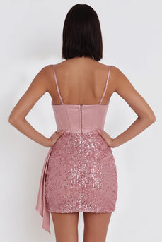 Sparkly Corset Pink Tight Ruched Short Cocktail Dress with Sequins