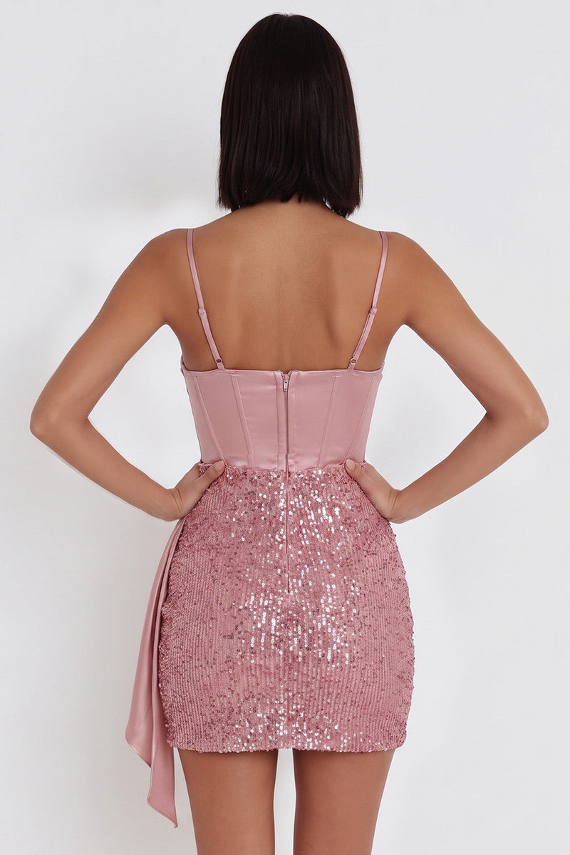 Load image into Gallery viewer, Sparkly Corset Pink Tight Ruched Short Cocktail Dress with Sequins