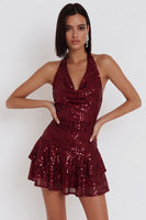 Load image into Gallery viewer, Sparkly Ruffled Burgundy Sequins Halter A Line Short Cocktail Dress