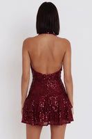 Load image into Gallery viewer, Sparkly Ruffled Burgundy Sequins Halter A Line Short Cocktail Dress