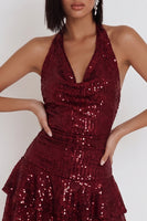 Load image into Gallery viewer, Sparkly Ruffled Burgundy Sequins Halter A Line Short Cocktail Dress