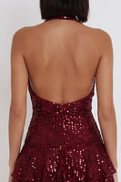 Load image into Gallery viewer, Sparkly Ruffled Burgundy Sequins Halter A Line Short Cocktail Dress