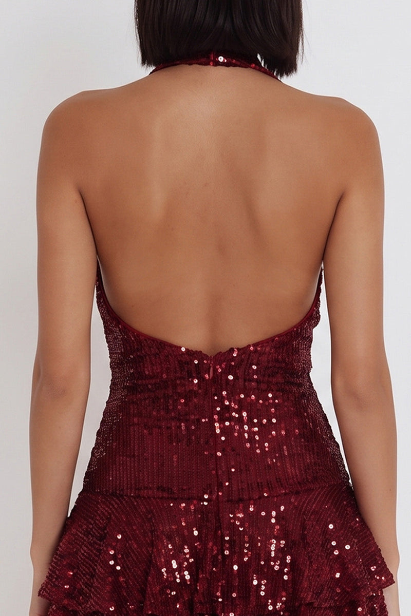 Load image into Gallery viewer, Sparkly Ruffled Burgundy Sequins Halter A Line Short Cocktail Dress