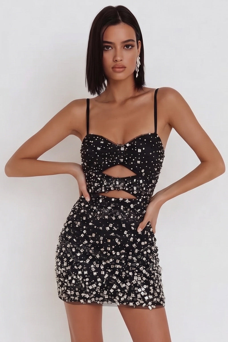 Load image into Gallery viewer, Sparkly Black Cut Out Tight Short Cocktail Dress with Rhinestones