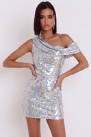 Load image into Gallery viewer, Sparkly Sequins Silver Bodycon One Shoulder Short Cocktail Dress