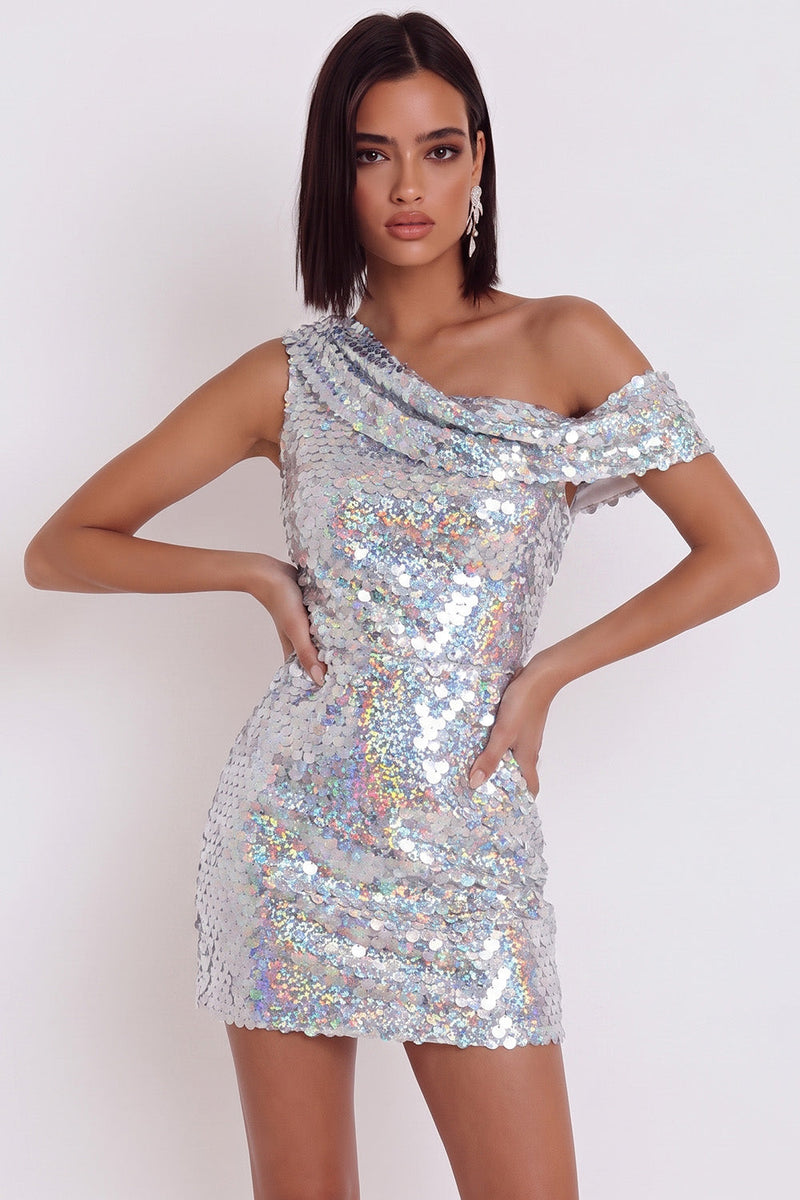 Load image into Gallery viewer, Sparkly Sequins Silver Bodycon One Shoulder Short Cocktail Dress