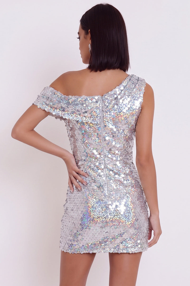 Load image into Gallery viewer, Sparkly Sequins Silver Bodycon One Shoulder Short Cocktail Dress