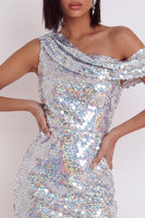 Load image into Gallery viewer, Sparkly Sequins Silver Bodycon One Shoulder Short Cocktail Dress