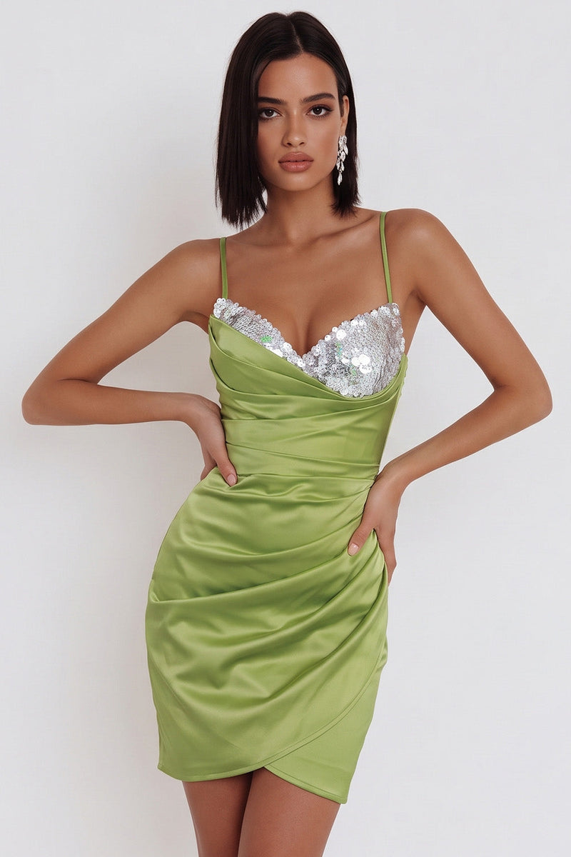 Load image into Gallery viewer, Dusty Sage Tight Sparkly Ruched Satin Short Cocktail Dress with Sequins