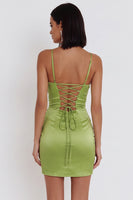 Load image into Gallery viewer, Dusty Sage Tight Sparkly Ruched Satin Short Cocktail Dress with Sequins