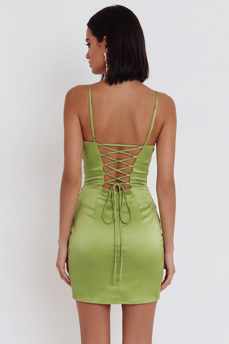 Load image into Gallery viewer, Dusty Sage Tight Sparkly Ruched Satin Short Cocktail Dress with Sequins