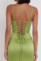 Load image into Gallery viewer, Dusty Sage Tight Sparkly Ruched Satin Short Cocktail Dress with Sequins