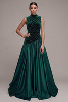 Load image into Gallery viewer, Sparkly Dark Green A-Line High Neck Beaded Long Velvet Evening Dress