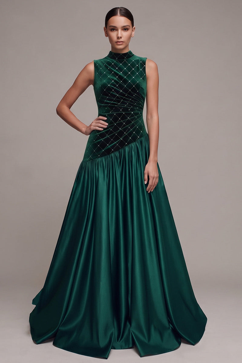 Load image into Gallery viewer, Sparkly Dark Green A-Line High Neck Beaded Long Velvet Evening Dress