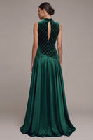 Load image into Gallery viewer, Sparkly Dark Green A-Line High Neck Beaded Long Velvet Evening Dress