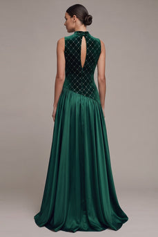 Sparkly Dark Green A-Line High Neck Beaded Long Velvet Evening Dress