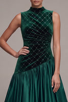 Load image into Gallery viewer, Sparkly Dark Green A-Line High Neck Beaded Long Velvet Evening Dress