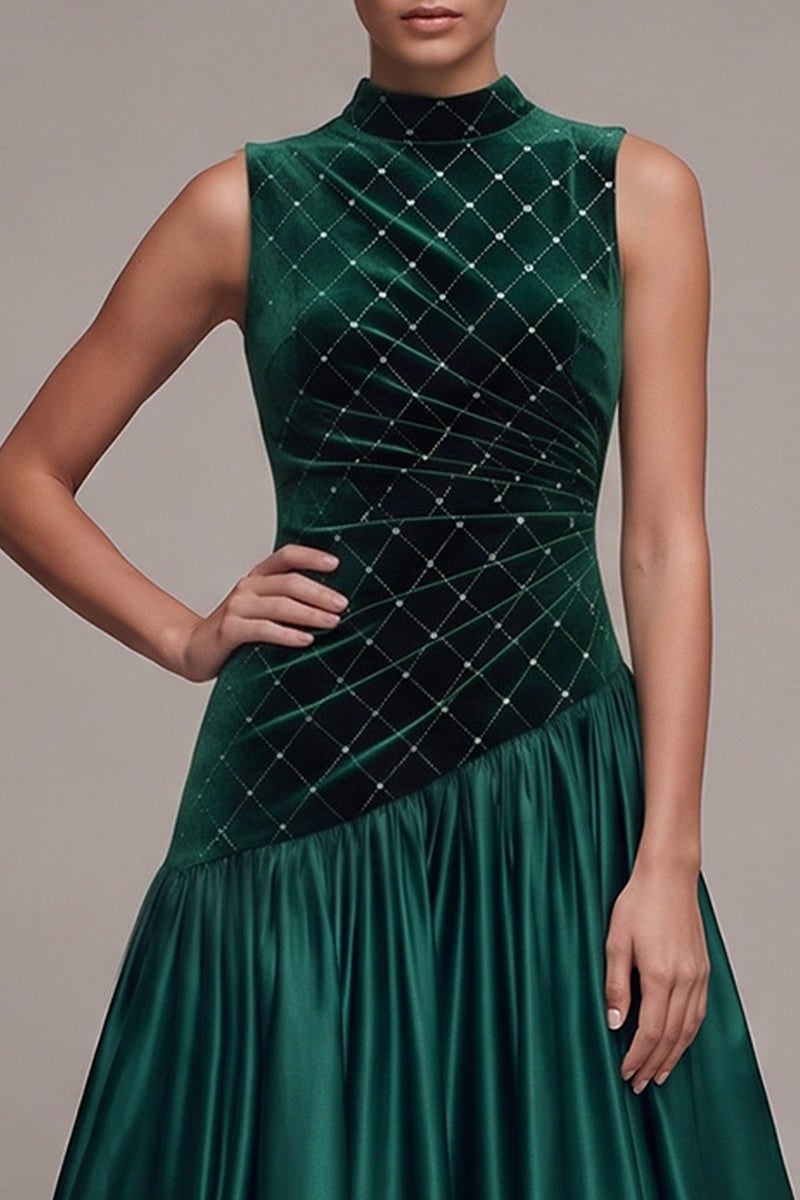 Load image into Gallery viewer, Sparkly Dark Green A-Line High Neck Beaded Long Velvet Evening Dress