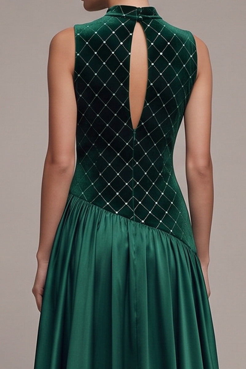 Load image into Gallery viewer, Sparkly Dark Green A-Line High Neck Beaded Long Velvet Evening Dress