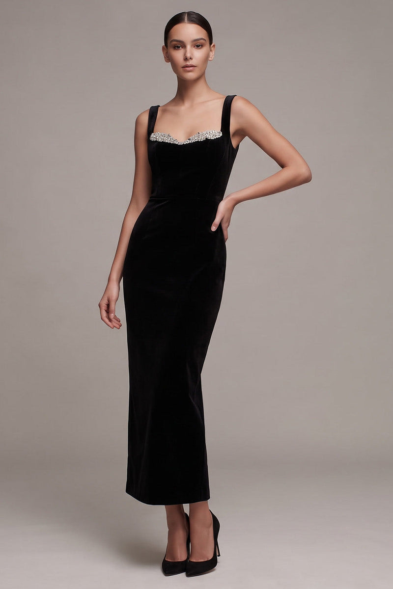 Load image into Gallery viewer, Black Sheath Velvet Sparkly Thick Strap Long Evening Dress with Slit
