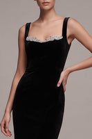 Load image into Gallery viewer, Black Sheath Velvet Sparkly Thick Strap Long Evening Dress with Slit