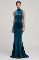 Load image into Gallery viewer, Velvet Peacock Blue Mermaid Sparkly Corset High Neck Long Evening Dress