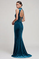 Load image into Gallery viewer, Velvet Peacock Blue Mermaid Sparkly Corset High Neck Long Evening Dress
