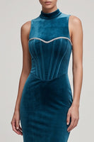 Load image into Gallery viewer, Velvet Peacock Blue Mermaid Sparkly Corset High Neck Long Evening Dress