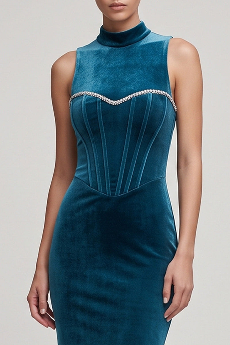 Load image into Gallery viewer, Velvet Peacock Blue Mermaid Sparkly Corset High Neck Long Evening Dress