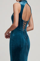 Load image into Gallery viewer, Velvet Peacock Blue Mermaid Sparkly Corset High Neck Long Evening Dress