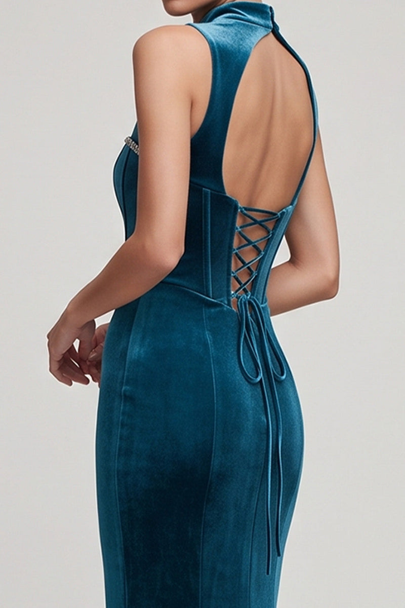 Load image into Gallery viewer, Velvet Peacock Blue Mermaid Sparkly Corset High Neck Long Evening Dress