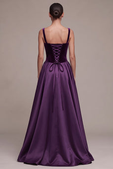 Plum Ball Gown Velvet Square Neck Long Evening Dress