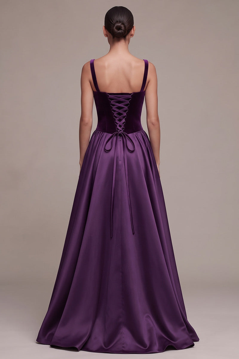 Load image into Gallery viewer, Plum Ball Gown Velvet Square Neck Long Evening Dress