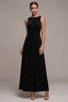 Load image into Gallery viewer, Sparkly Black Plaid Beaded A-Line Velvet Round Neck Long Evening Dress