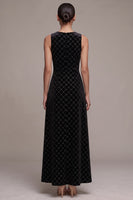 Load image into Gallery viewer, Sparkly Black Plaid Beaded A-Line Velvet Round Neck Long Evening Dress