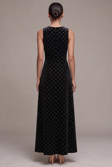 Sparkly Black Plaid Beaded A-Line Velvet Round Neck Long Evening Dress