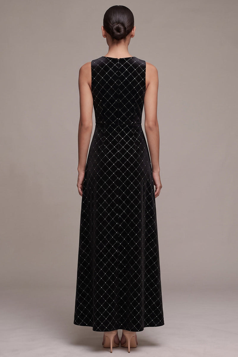 Load image into Gallery viewer, Sparkly Black Plaid Beaded A-Line Velvet Round Neck Long Evening Dress