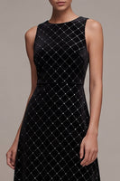 Load image into Gallery viewer, Sparkly Black Plaid Beaded A-Line Velvet Round Neck Long Evening Dress