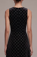 Load image into Gallery viewer, Sparkly Black Plaid Beaded A-Line Velvet Round Neck Long Evening Dress